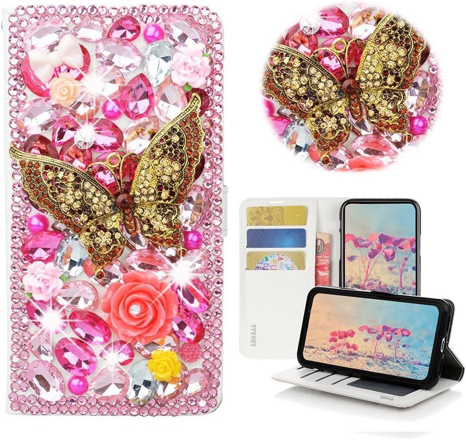 STENES LG G6 Case, LG G6 plus Case - STYLISH - 3D Handmade Crystal Heart Pendant Butterfly Flowers Wallet Credit Card Slots Fold Stand Leather Cover Case for LG G6/LG G6 plus - Pink  STENES Retro Butterfly Rose Floral / Pink  