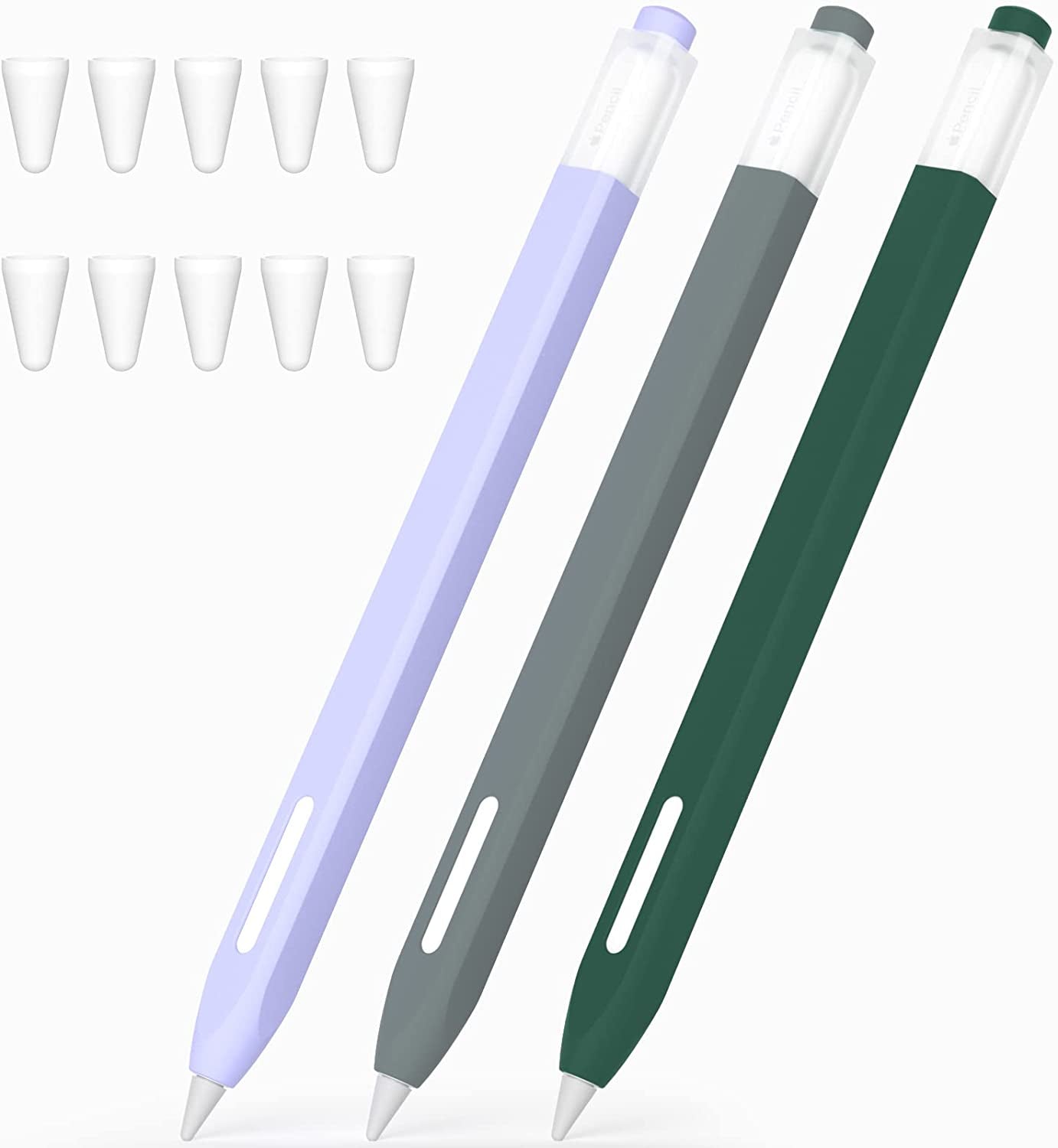 JOOSKO [3 Pack] Pencil Case for Apple Pencil 2Nd Generation Case, Classic Design, Durable Silicone Case, [With 10 Silicone Tip Cover], for Apple Pencil 2Nd Generation. (Purple, Light Blue, Pink)  JOOSKO Gray, Dark Green, Purple  