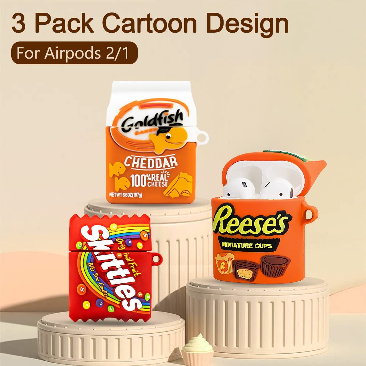 3PACK Cute Cover for Airpod Case 2Nd Generation, Funny Goldfish+Rainbow Candy+Chocolate Food Protective Cases, Kawaii Cartoon Soft Silicone Design for Apple Air Pod 2/1 Women Girls Boys with Keychain  TOLUOHU   