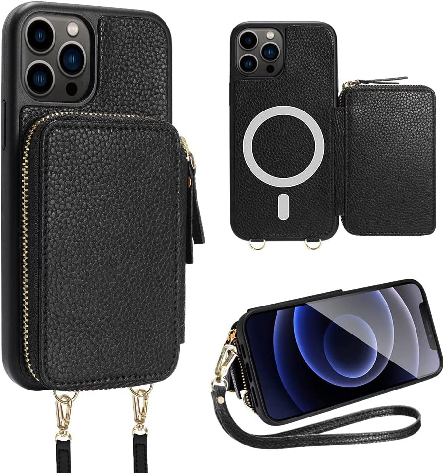 ZVE Iphone 14 Pro Crossbody Wallet Case Magsafe, Phone Case with RFID Blocking Card Holder Wrist Strap for Women, Zipper Leather Cover for Iphone 14 Pro, 6.1"-Black  ZVE Black iPhone 13 Pro Max 