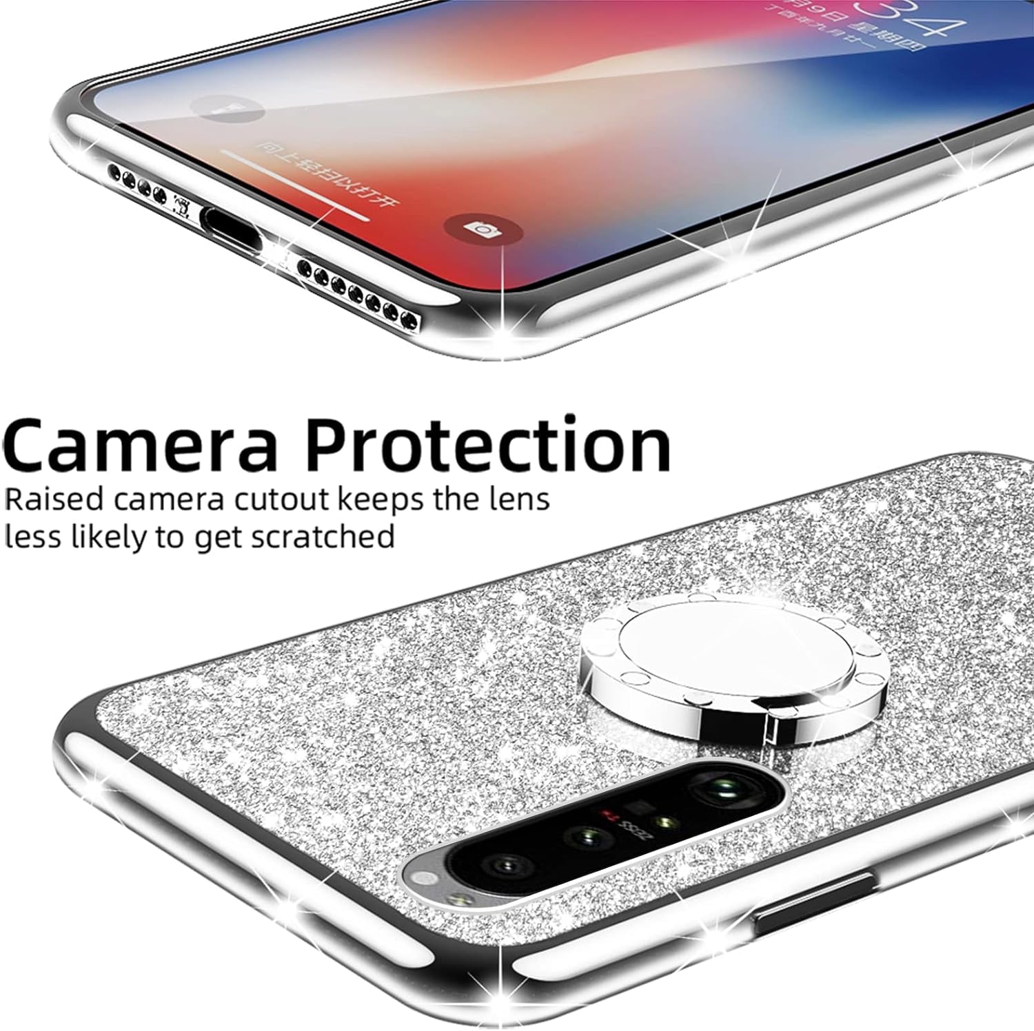 Nancheng for Xperia 1 III Case Girls Women Cute Glitter Silicone Sparkly Slim Cover with Ring Stand & Strap Shockproof Drop Full-Body Protection Case for Sony Xperia 1 III (2021) - Silver  nancheng   