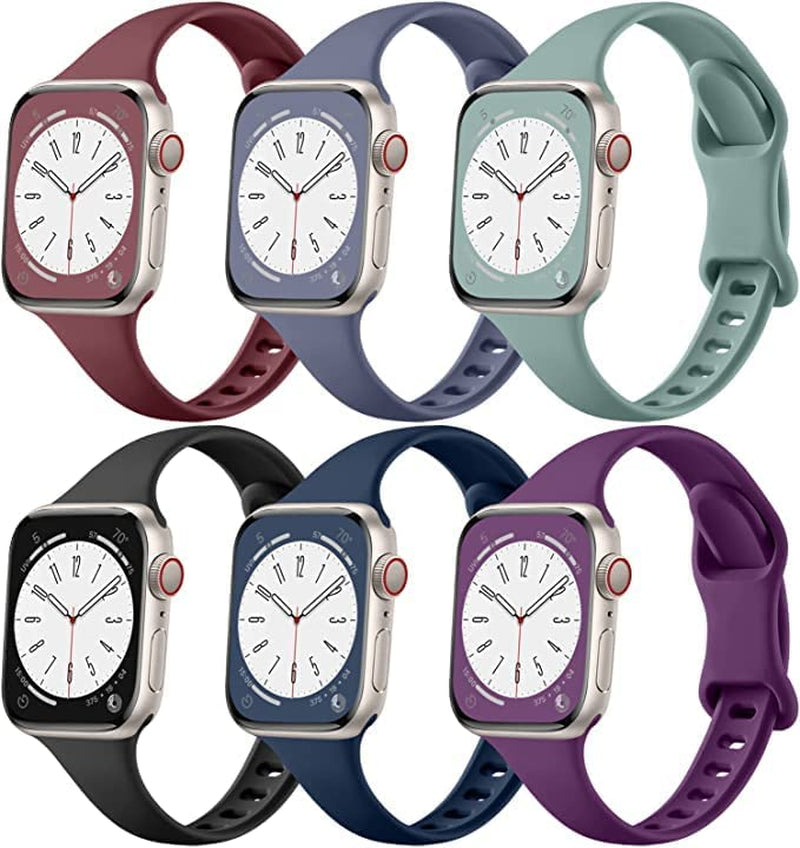 Lerobo 6 Pack Slim Bands Compatible with Apple Watch Band 40Mm 38Mm 44Mm 42Mm 41Mm 45Mm for Women Men, Soft Silicone Waterproof Sport Strap Replacement Wristbands for Iwatch Series 7 6 5 4 3 2 1 SE  Hina-US Black/ Navy Blue/ Wine/ Blue Gray/ Pine Green/ Dark Purple 42mm/44mm/45mm/49mm 