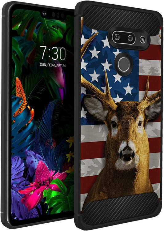 Casesondeck Flag Case Compatible with [LG G8 Thinq] Hunters Series Slim No Bulk Carbon Fiber Texture Black Flexible TPU Material (Deer Flag)  CasesonDeck   