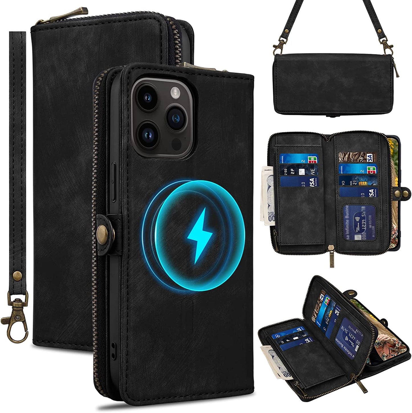 Rssviss for Iphone 12/12 Pro Case Wallet Cover for Women Men, 《RFID Blocking》《Magsafe》Credit Card Holder Leather Strap Zipper Wristlet Iphone 12 Pro Case with Magnetic Shockproof 6.1" Vintage Pink  Rssviss Black 6,1 inch iPhone 14 Pro 