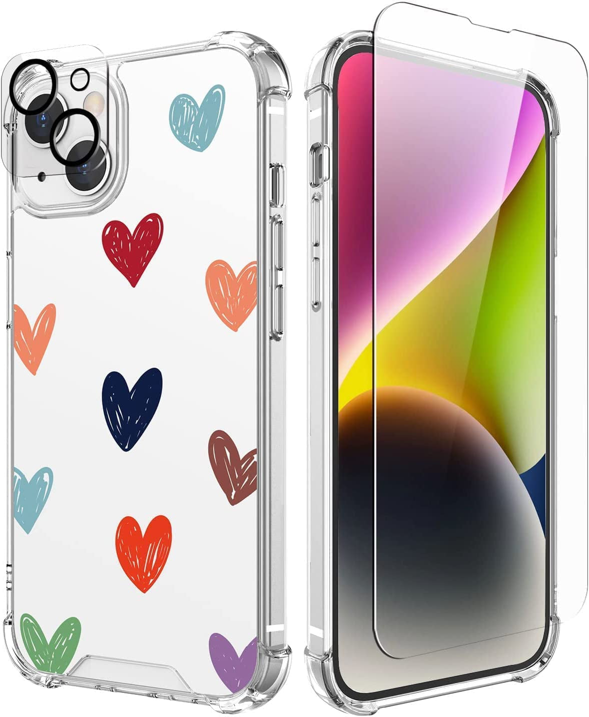 Cutebe [3 in 1 Crystal Phone Case for Iphone 13(2021)/Iphone 14(2022) 6.1", Cute Protective Cover with 9H Temper Glass Screen Protector + HD Temper Camera Lens Protector for Women, Girls  Cutebe iPhone 13/14-Heart Design iPhone 13/14 Case 6.1 Inch 