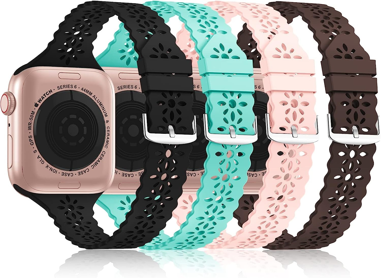 Bandiction 4 Pack Lace Silicone Bands Compatible with Apple Watch Band 38Mm 40Mm 41Mm 42Mm 44Mm 45Mm 49Mm, Women Slim Thin Hollow-Out Sport Wristband for Iwatch Series Ultra 8 SE 7 6 5 4 3 2 1  Bandiction Sand Pink/Black/Luxury Brown/Tiff-Blue 42mm/44mm/45mm/49mm 