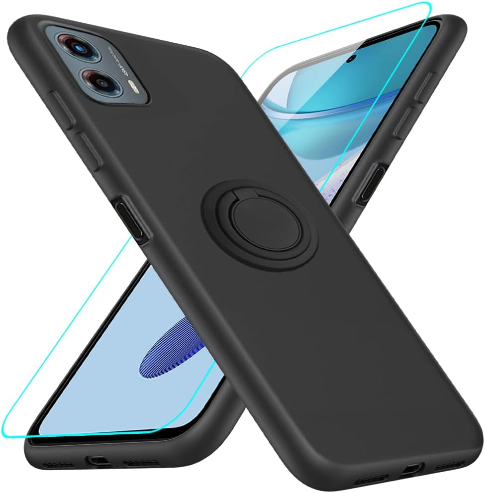 For Motorola Moto G 5G 2023 Phone Case with Glass Screen Protector, 360° Rotatable Ring Holder Magnetic Kickstand/Stand Silicone TPU Shockproof Protective Cover Case for Motorola Moto G 5G - Black  Nijiadi   
