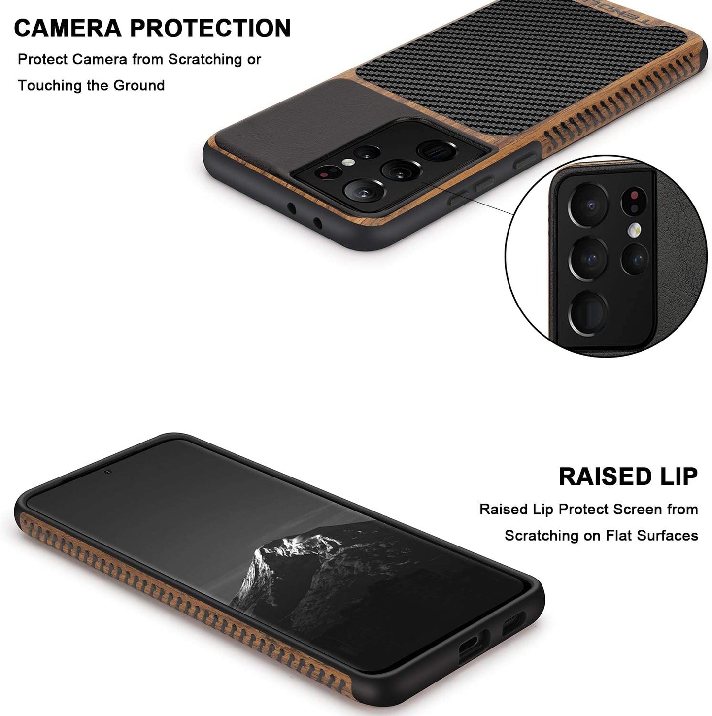 TENDLIN Compatible with Samsung Galaxy S21 Ultra Case Wood Grain with Carbon Fiber Texture Design Leather Hybrid Case (Black)  TENDLIN   