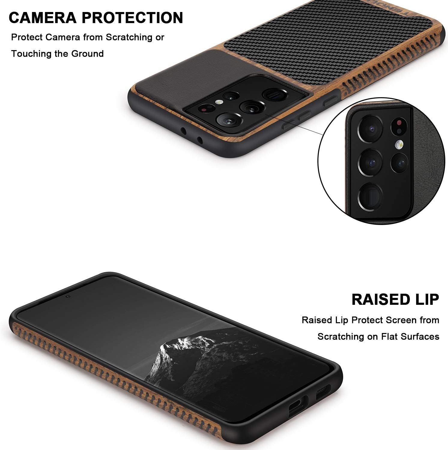 TENDLIN Compatible with Samsung Galaxy S21 Ultra Case Wood Grain with Carbon Fiber Texture Design Leather Hybrid Case (Black)  TENDLIN   