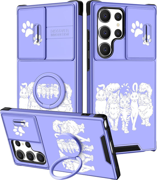 Funermei (2In1 for Samsung Galaxy S22 Ultra Case for Women Cute Cats Girls Animals Phone Cover Kawaii Girly Blue Pretty Design with Camera Cover+ Ring Stand Funda for Galaxy S22 Ultra Case 5G  Funermei   