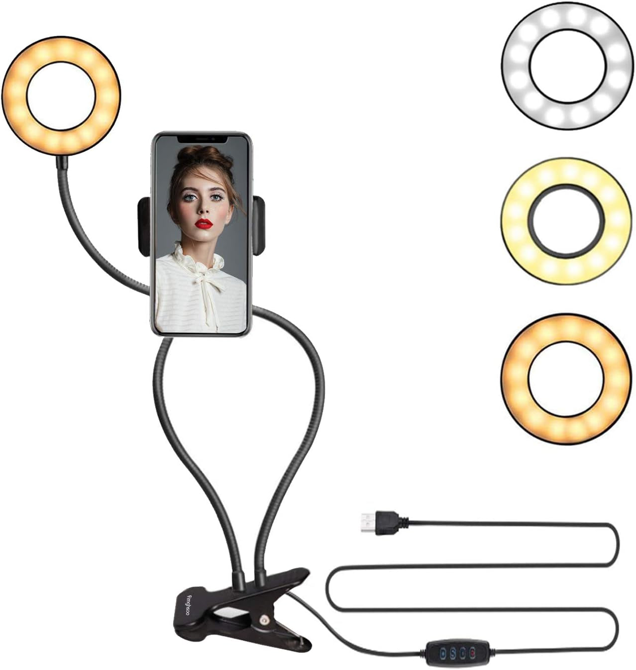 Fimghsoo Selfie Ring Light with Cell Phone Holder for Live Stream/Makeup/Video Chat, LED Camera Beauty Light with Flexible Arms[3-Light Mode][10-Level Brightness], Compatible Iphone Android Phone  Fimghsoo   
