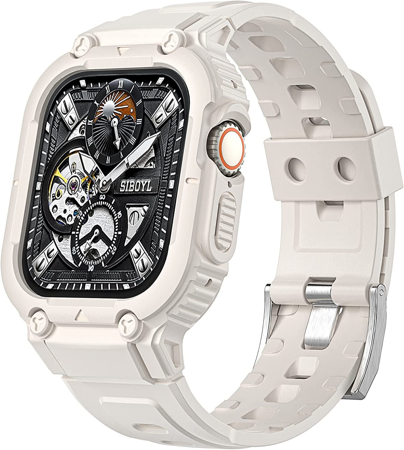 3 in 1 Rugged Band and Bumper Case with Screen Protector for Apple Watch Ultra Band 49Mm, Tempered Glass Film, Shockproof Protective Band for Men, Metal Clasp Sport Armor Band for Iwatch Ultra-Black  BuPa Starlight-Single Tongue Buckle 49mm 