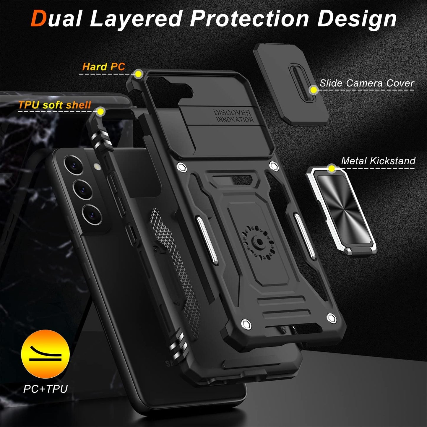 LUMARKE Galaxy S22 plus Case with Camera Cover,Samsung S22 plus Cover Pass 16Ft Drop Test Military Grade Heavy Duty Protective Phone Case with Kickstand for Samsung Galaxy S22 plus Black  LUMARKE   