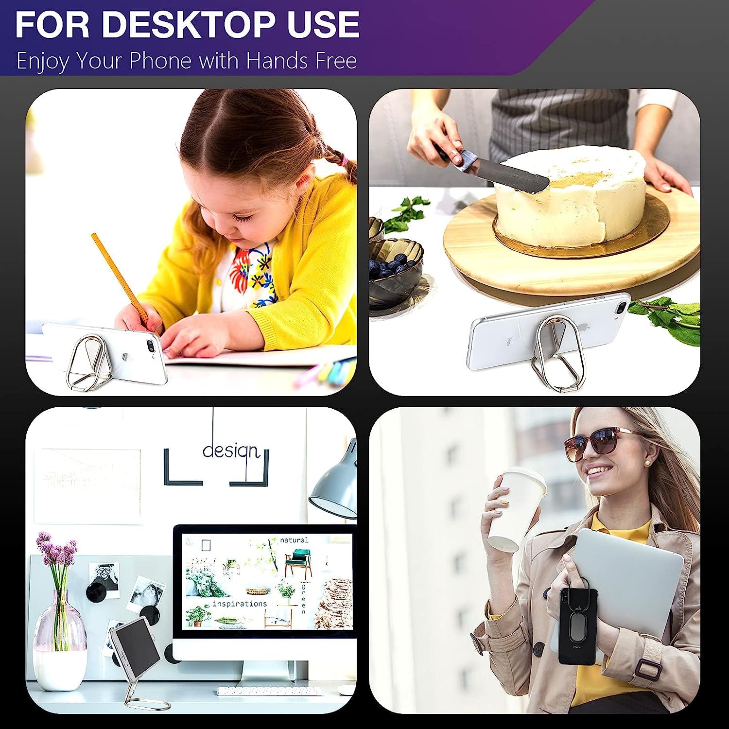 4 Pieces Phone Ring Holder Finger Kickstand 360° Rotation 180° Flip Foldable Retractable Magnetic Cellphone Back Grip for Car Phone Compatible with Most Smartphones Tablets (Silver, Iron Black)  Frienda   