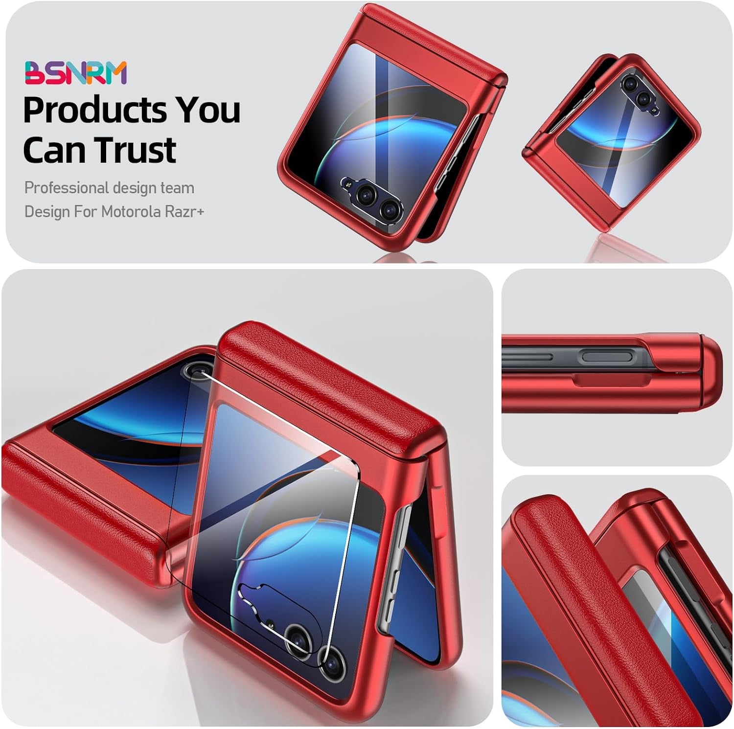 BSNRM for Motorola Razr plus Case, Built-In Screen Protector & Magnetic Hinge Protection & Ultra Thin Matte PC Shockproof Phone Cover Smartphone Case for Moto Razr plus 2023(Red)  BSNRM   