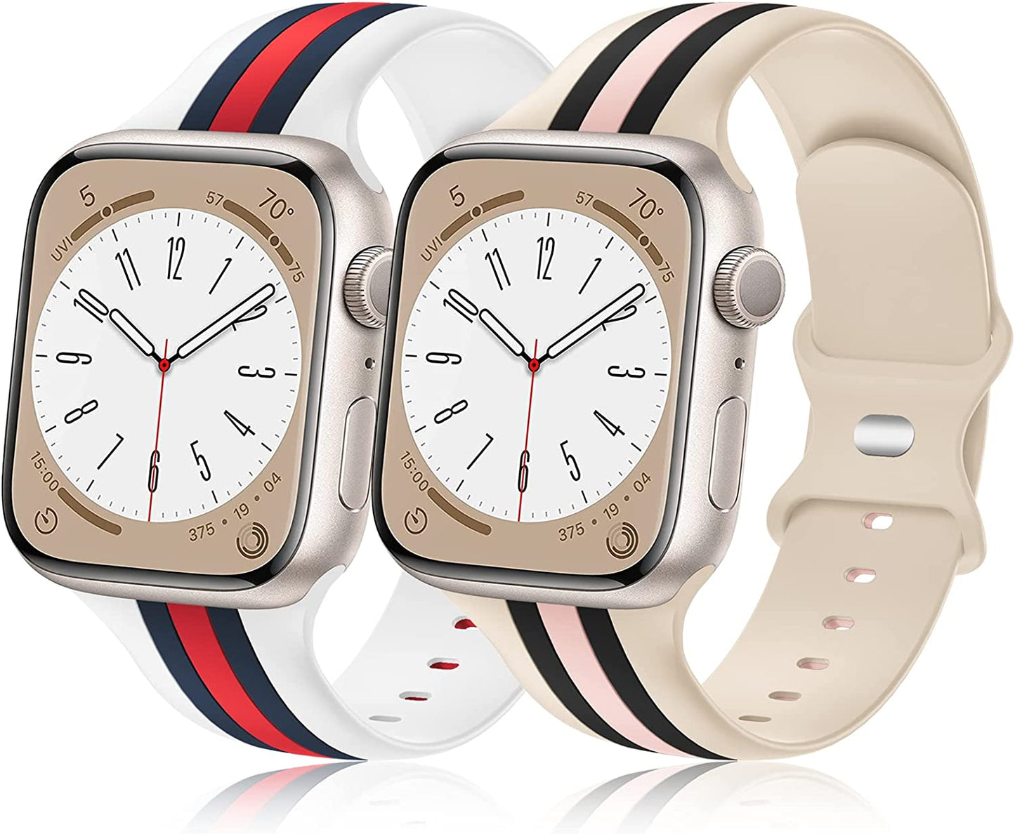 [2 Pack] Designer Bands Compatible with Apple Watch Band 38Mm 40Mm 41Mm 42Mm 44Mm 45Mm 49Mm Men Women, Soft Silicone Sport Band Replacement Strap for Apple Watch Ultra Iwatch Series 8 7 SE 6 5 4 3 2 1  Seizehe White/Blue/Red - Walnut/Black/Pink 38mm/40mm/41mm 