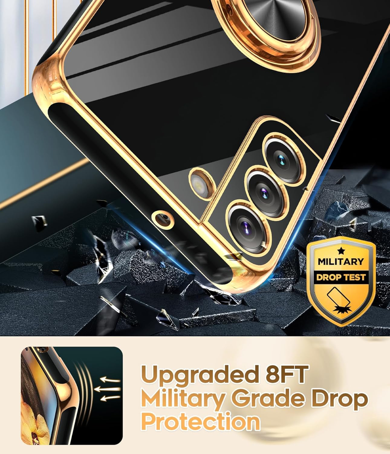 Leyi for Samsung Galaxy S22 plus Case 360° Rotatable Ring Holder Magnetic Kickstand, Plating Rose Gold Edge Protective Galaxy S22 Plus/ S22+ Case, Black  LeYi   