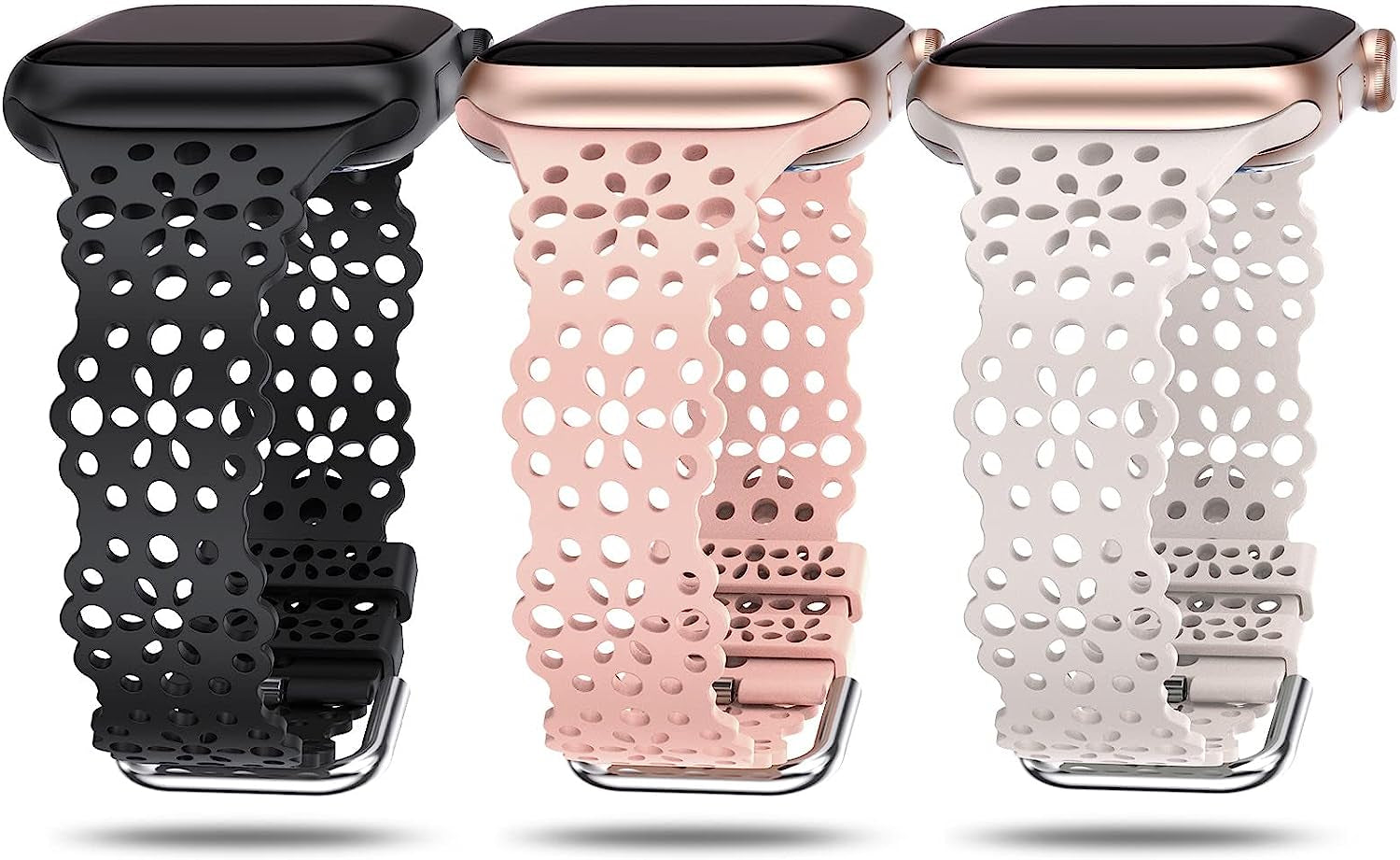 TOYOUTHS Compatible with Apple Watch Band Women 41Mm 40Mm 38Mm Soft Stretchy Silicone Lace Flower Cut-Outs Scalloped Breathable Waterproof Lacy Band for Iwatch Series 8 7 6 5 4 3 2 1 SE  TOYOUTHS Black/Pink/Starlight 41/40/38mm 