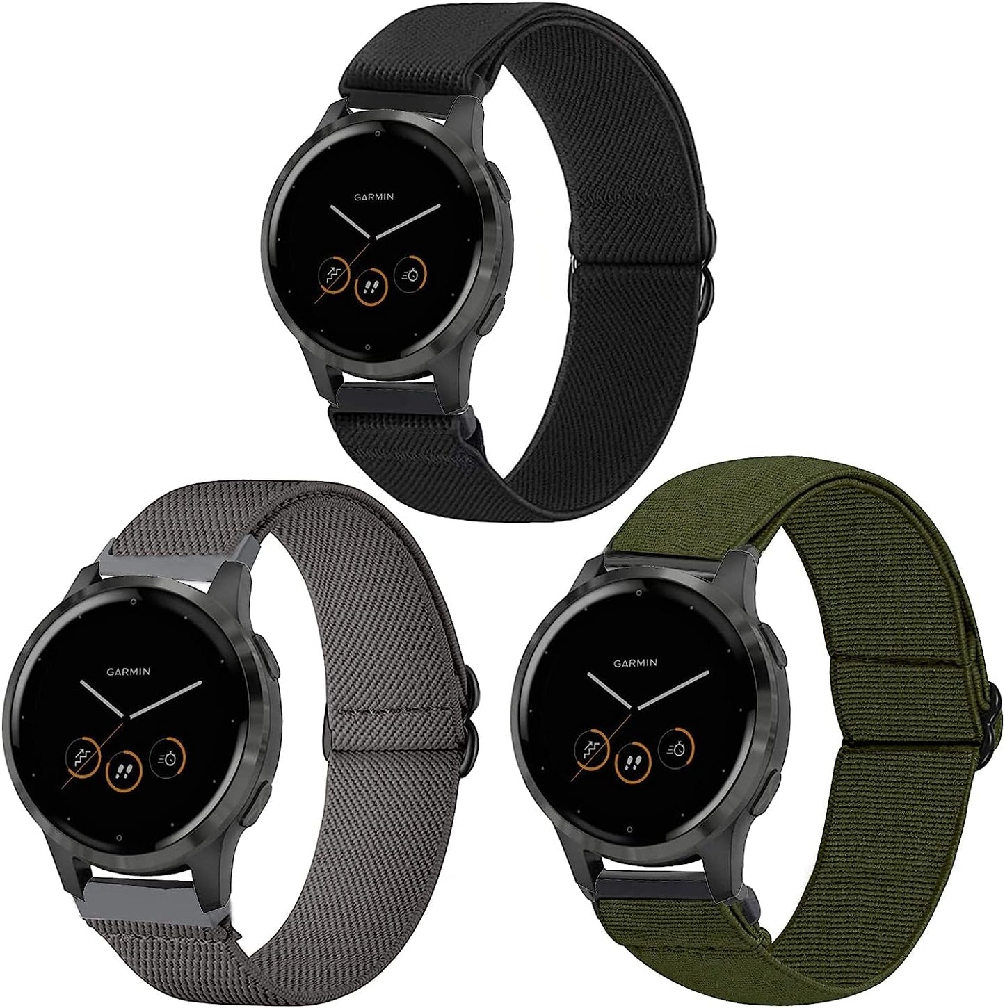 Krudary Elastic Bands Compatible with 18Mm Garmin Vivoactive 4S / Vivomove 3S/ Venu 2S , Soft Stretch Nylon Loop Bracelet Watch Strap Replacement Watchband for Garmin Forerunner 255S/255S Music  Krudary 3 Pack (Black + Green + Grey)  