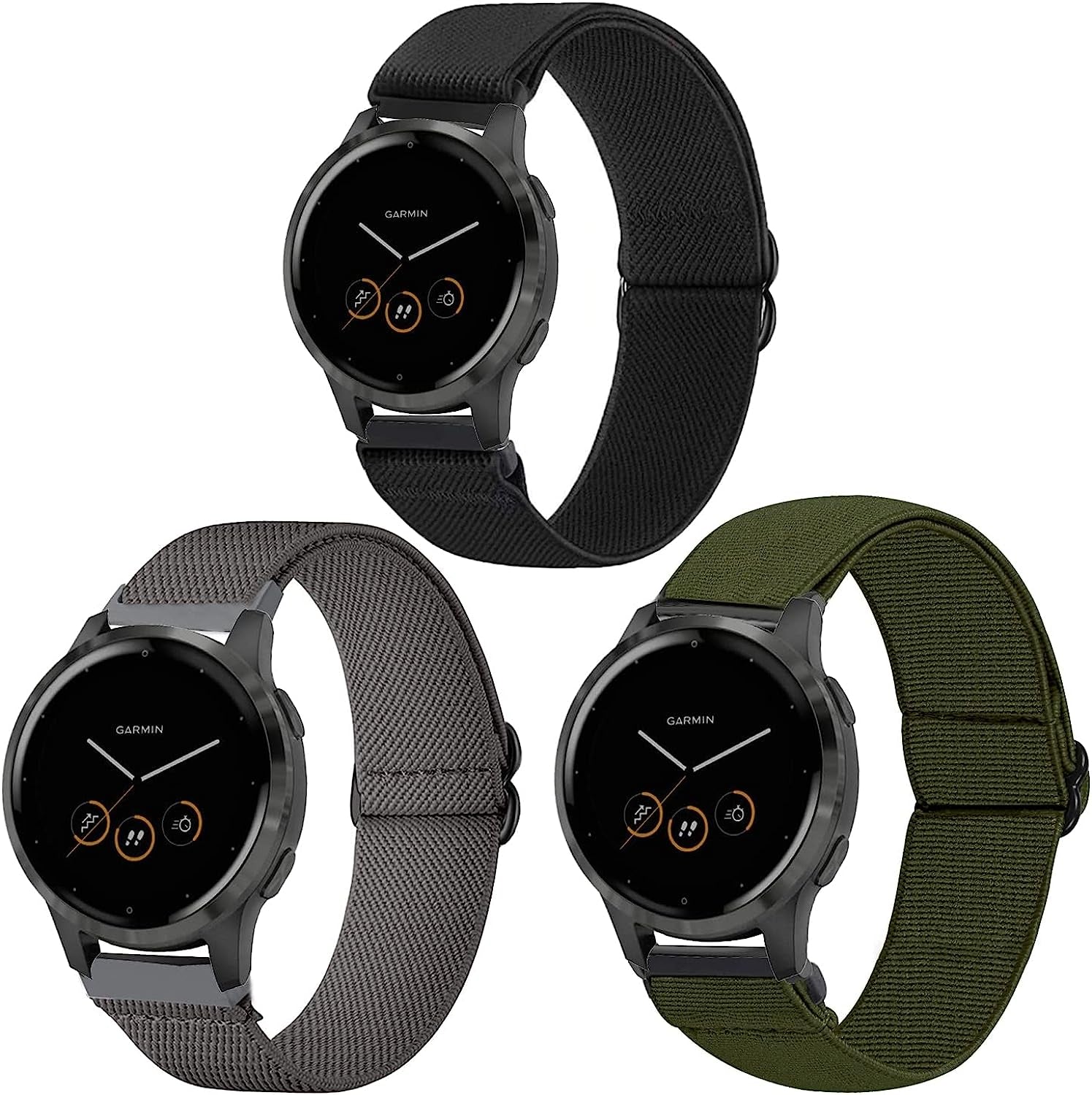 Krudary Elastic Bands Compatible with 18Mm Garmin Vivoactive 4S / Vivomove 3S/ Venu 2S , Soft Stretch Nylon Loop Bracelet Watch Strap Replacement Watchband for Garmin Forerunner 255S/255S Music  Krudary 3 Pack (Black + Green + Grey)  