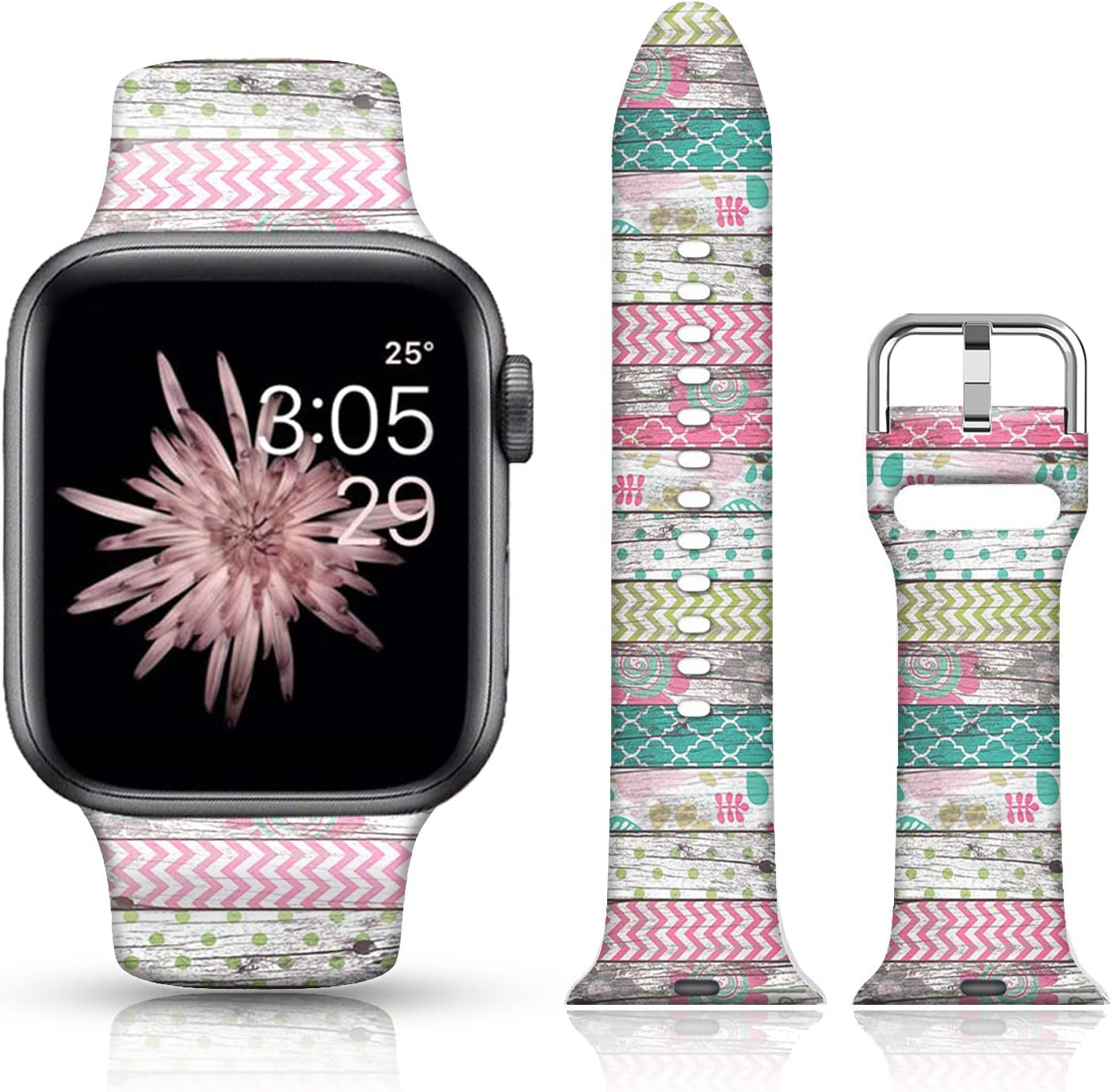 FTFCASE Silicone Floral Bands Compatible with Apple Watch 49Mm 45Mm 44Mm 42Mm, Gray Pattern Printed Soft Silicone Sport Strap Replacement for Iwatch SE Series 8 7 6 5 4 3 2 1 for Women Men Girls  FTFCASE Wood Grain Floral 42mm/44mm/45mm/49mm 