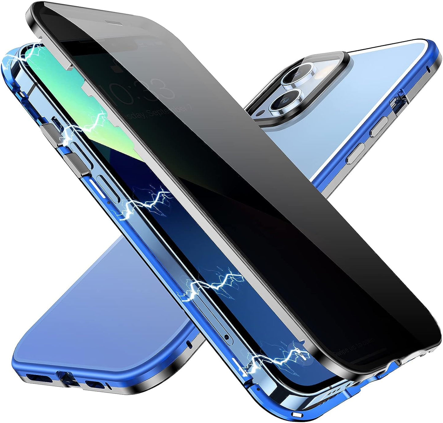 YUNQE Privacy Magnetic Case for Iphone 12 Pro Max, Double Sided Magnet Adsorption Cover with Anti-Peep Screen Protector and Camera Lens Full Body Protective for Iphone 12 Pro Max, Red  YUNQE Silver-Blue Iphone 13-6.1" 