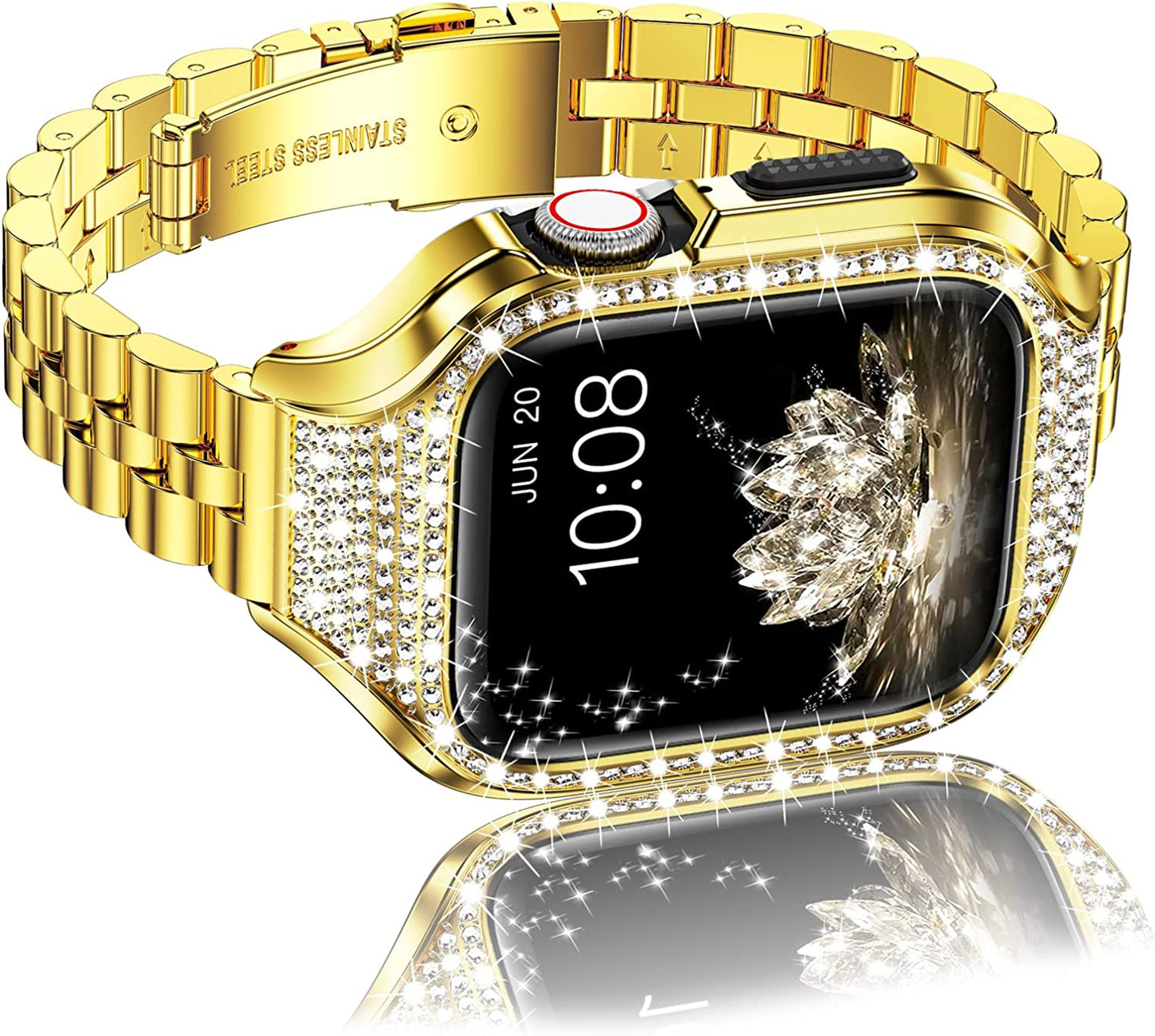 Miohhr Metal Case with Band Compatible with Apple Watch Band Series 8 7(41Mm),Series 6/5/4 (40Mm),Series 3/2/1 (38Mm),Slim Stainless Steel Strap with Bling Diamond Protective Bumper Cover for Iwatch Bands Women  MioHHR Gold 38/40/41mm 