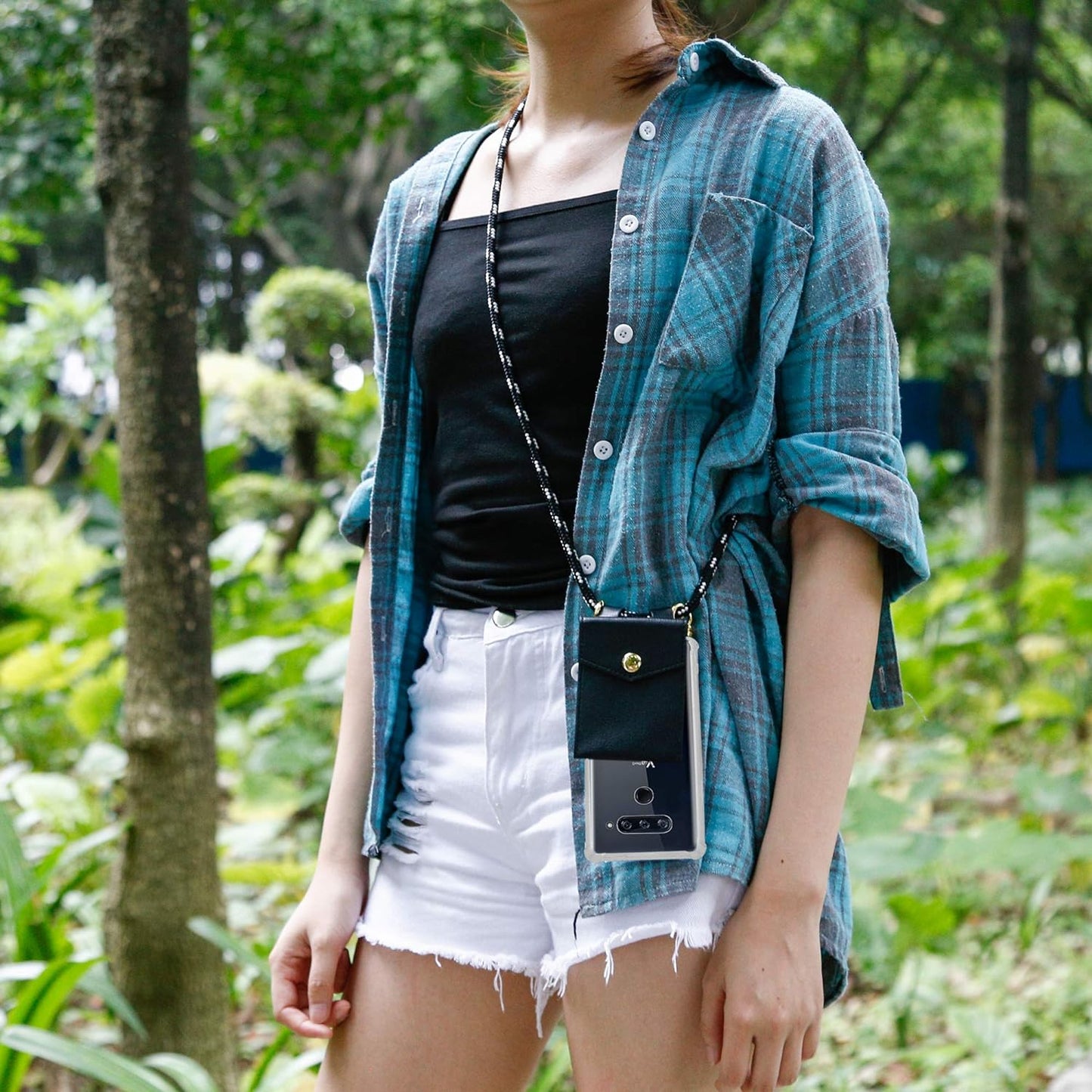 Cadorabo Necklace Case Compatible with LG V40 in Black Silver - Transparent TPU Silicone Cover with Golden Rings, Sling Strap and Removable Etui  Cadorabo   