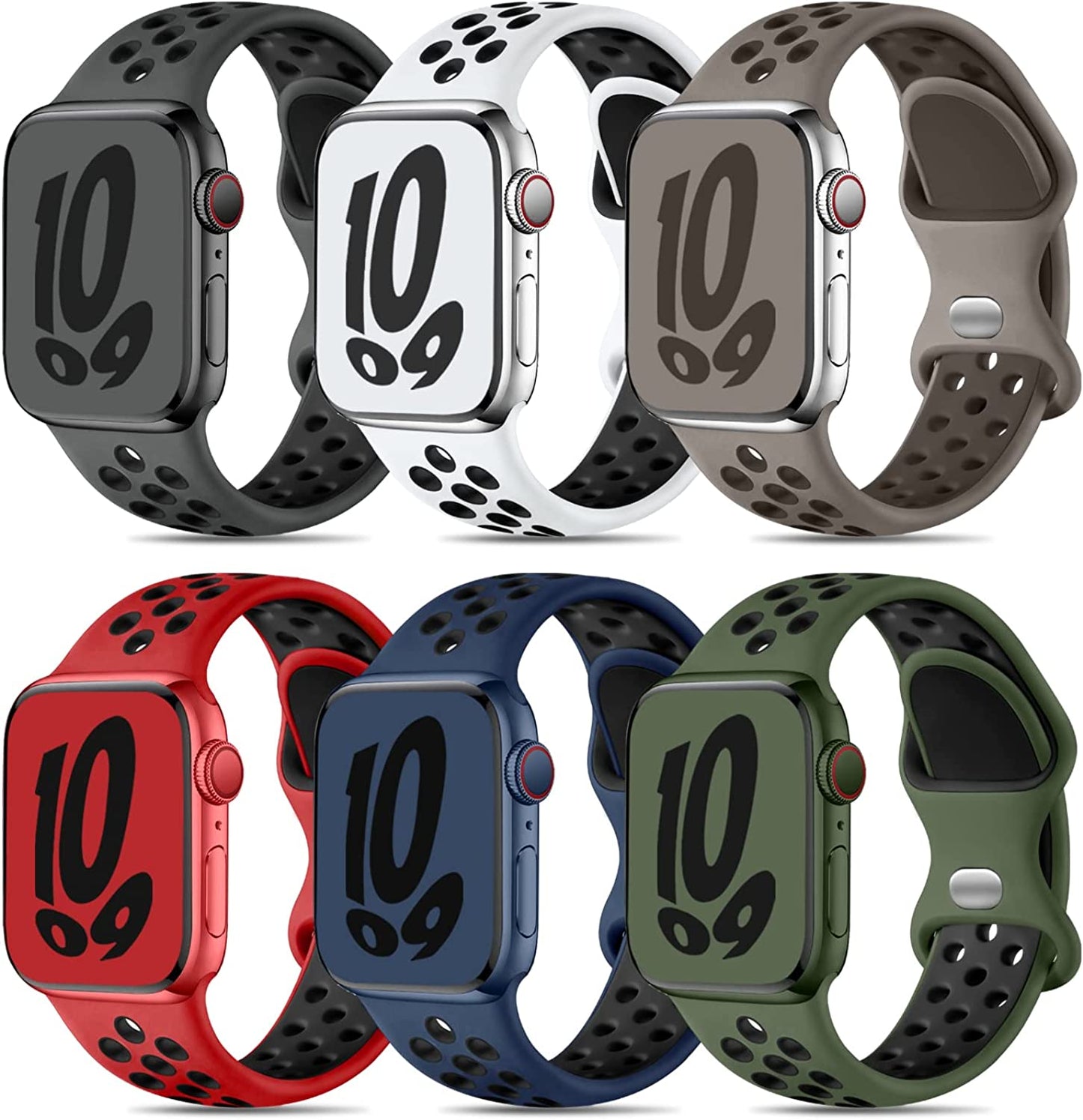 Keponew Sport Bands Compatible with Apple Watch 49Mm 45Mm 44Mm 42Mm 41Mm 40Mm 38Mm, 6 Pack Sport Breathable Soft Silicone Strap for Iwatch Ultra SE Series 8 7 6 5 4 3 2 1 Men Women  Keponew Anthracite Black/Red Black/Navy Black/White Black/Olivegrey Coffeegrey/Light Army Green 38mm/40mm/41mm 