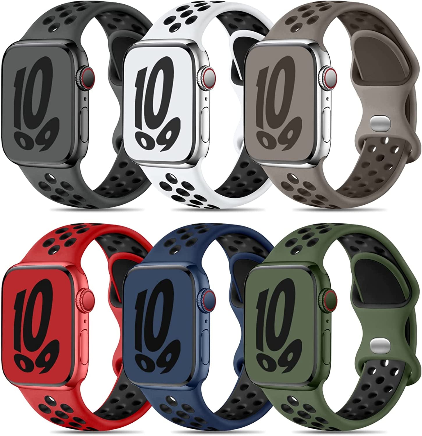 Keponew Sport Bands Compatible with Apple Watch 49Mm 45Mm 44Mm 42Mm 41Mm 40Mm 38Mm, 6 Pack Sport Breathable Soft Silicone Strap for Iwatch Ultra SE Series 8 7 6 5 4 3 2 1 Men Women  Keponew Anthracite Black/Red Black/Navy Black/White Black/Olivegrey Coffeegrey/Light Army Green 38mm/40mm/41mm 