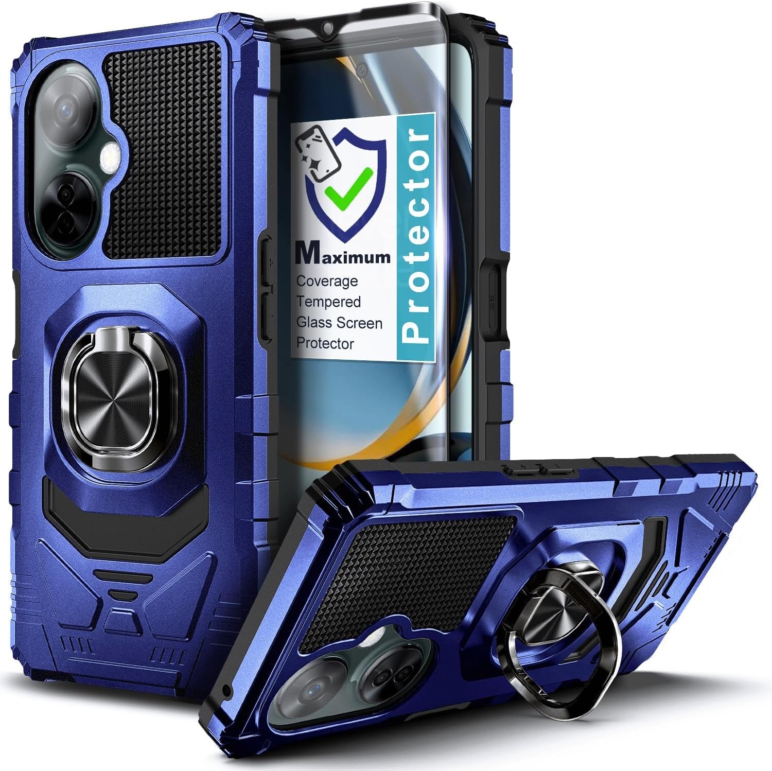 NZND Case for Oneplus Nord N30 5G / Nord CE 3 Lite 5G with Tempered Glass Screen Protector (Maximum Coverage), Full-Body Protective [Military-Grade], Magnetic Car Ring Holder Cover Case (Green)  NZND Blue  