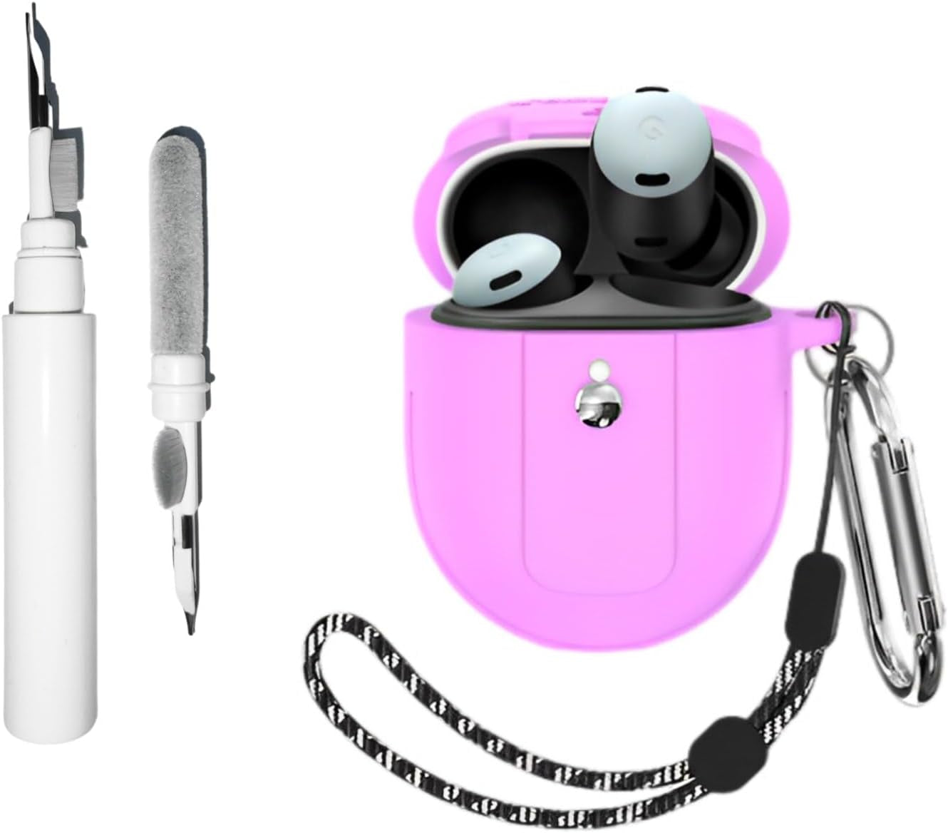 [4 in 1] Compatible for Google Pixel Buds Pro 2022 Cases with Cleaning Kit, Front LED Visible Soft Silicone Protective Cover Skin with Keychain/Lanyard  CASEVERSE Purple  