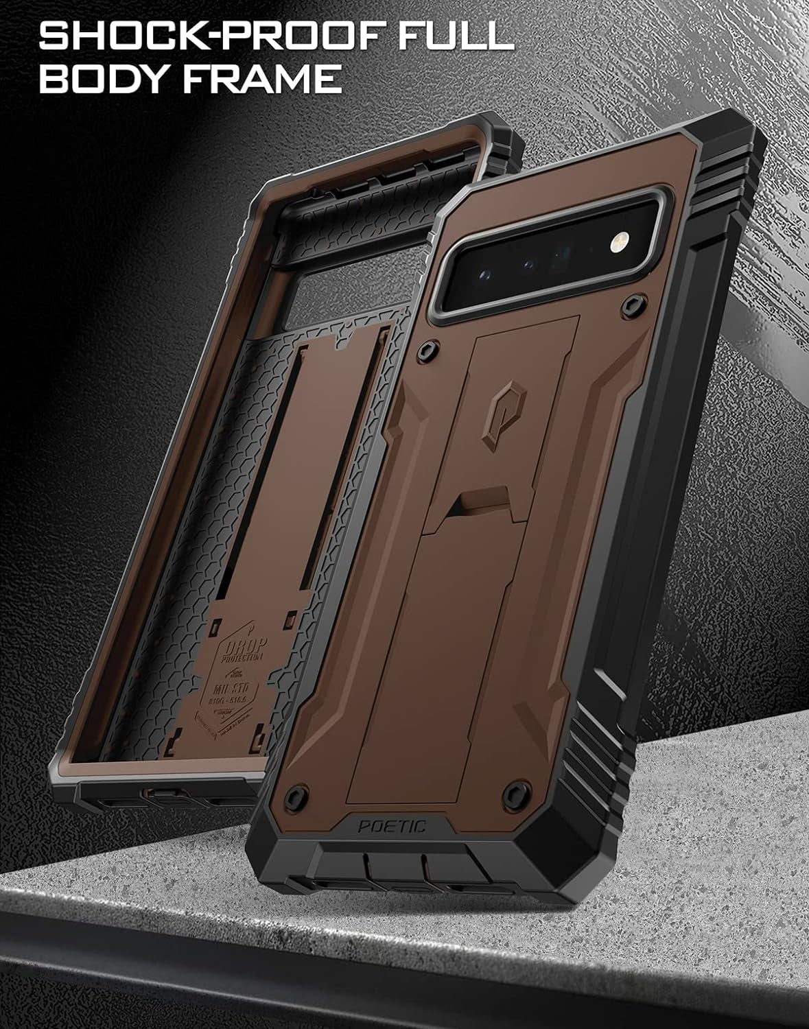 Poetic Revolution Case for Google Pixel 6 Pro 5G, Built-In Screen Protector Work with Fingerprint ID, Full Body Rugged Shockproof Protective Cover Case with Kickstand, Brown  Poetic   