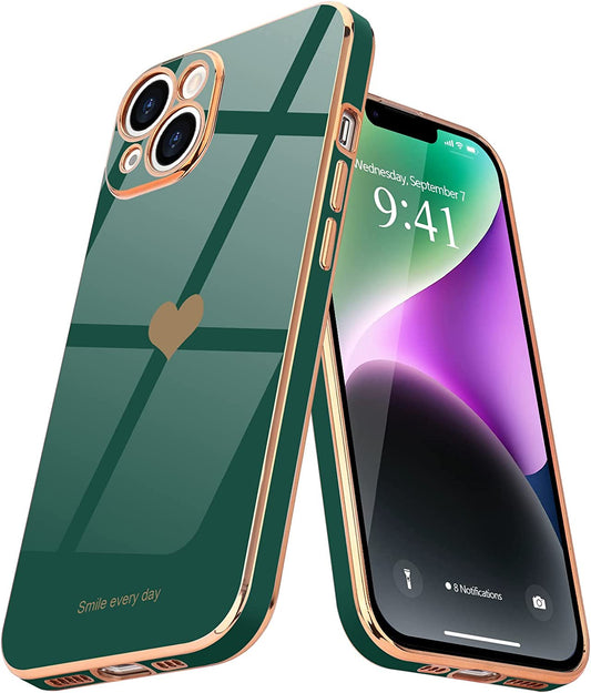 Teageo for Iphone 14 Case for Women Girl Cute Love Heart Luxury Plating Soft Bling Back Cover Raised Full Camera Protection Bumper Silicone Shockproof Phone Case for Iphone 14, Blackish Green  janzee Blackish Green  