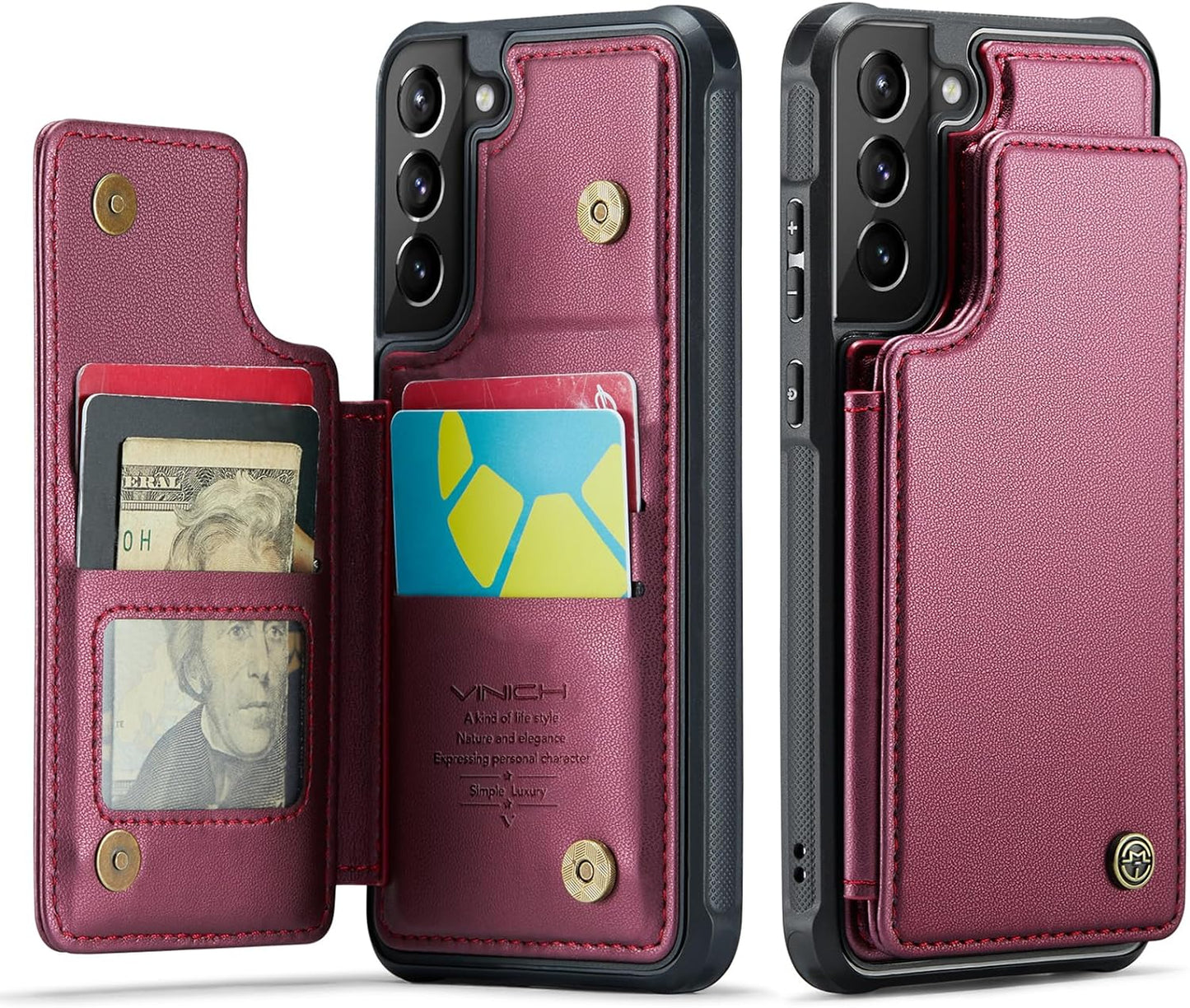 Vinich Samsung Galaxy S21 Case with Card Holder, Samsung S21 Wallet Case for Women Men with RFID Blocking, Durable Leather Kickstand Shockproof Flip Phone Case for Galaxy S21 5G, Rose Gold  Vinich Red  