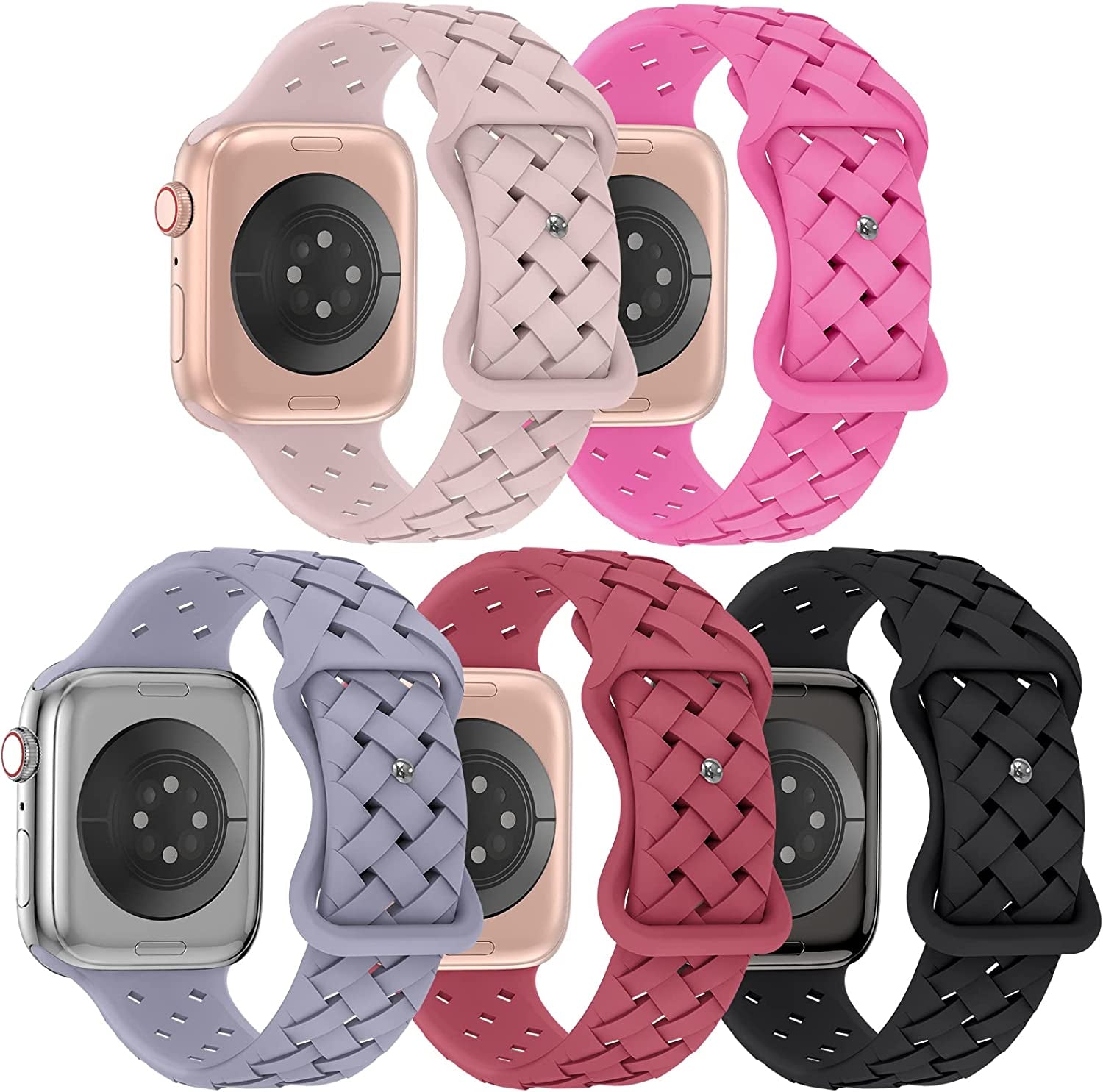 Arctime 5 Pack Soft Silicone Bands Compatible with Apple Watch Band 38Mm 40Mm 41Mm 42Mm 44Mm 45Mm 49Mm, Sport Strap Breathable Wristbands for Iwatch Ultra Series SE 8 7 6 5 4 3 2 1 Women Men  Arctime Pink Sand/Hot Pink/Lavender Grey/Hibiscus/Black 42/44/45/49mm 