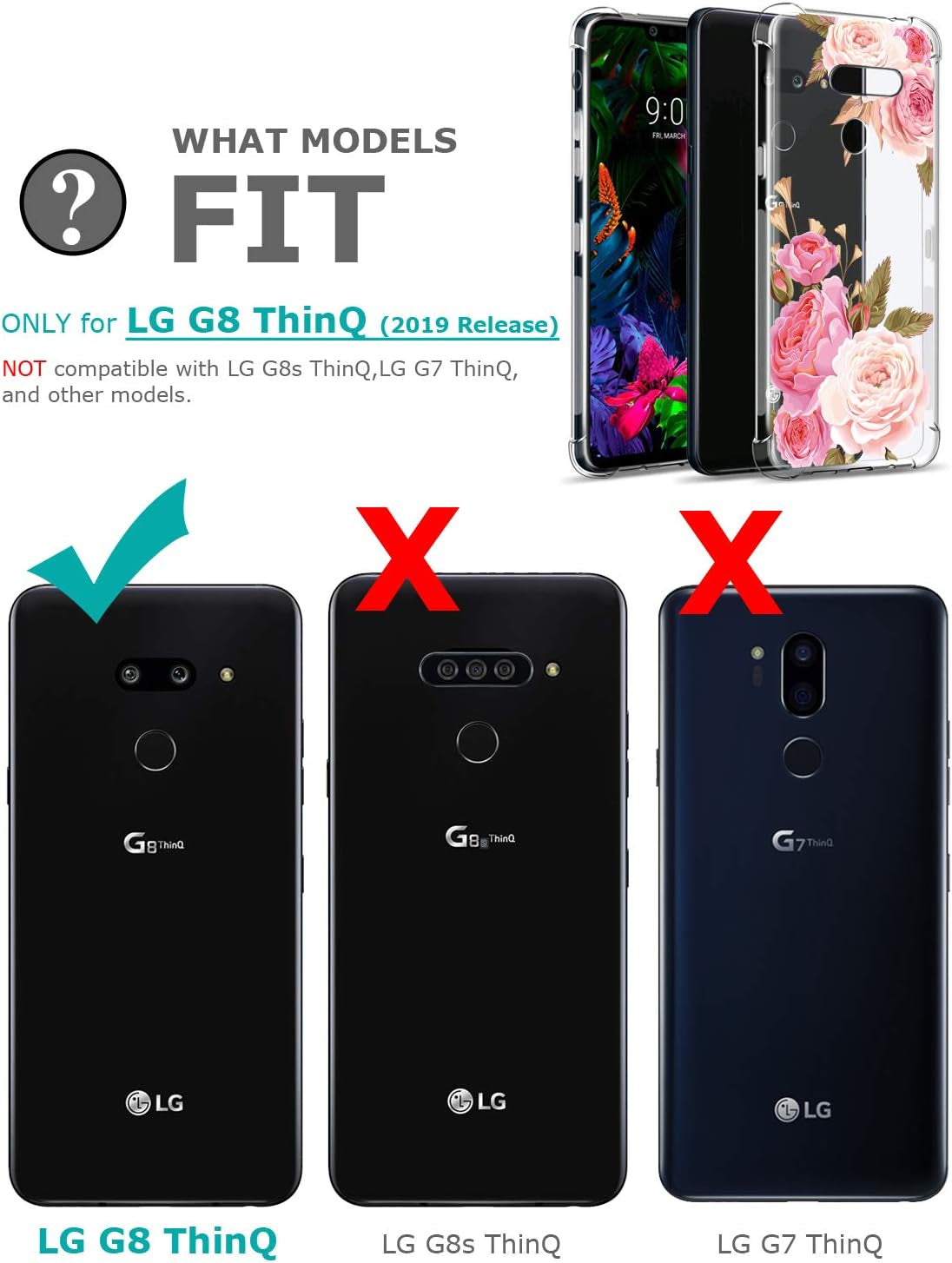 GREATRULY Floral Clear Pretty Phone Case for LG G8 Thinq (2019 Release) for Women Girls,Flower Design Transparent Slim Soft Drop Proof TPU Bumper Cushion Silicone Cover Shell,Fl-K  GREATRULY   