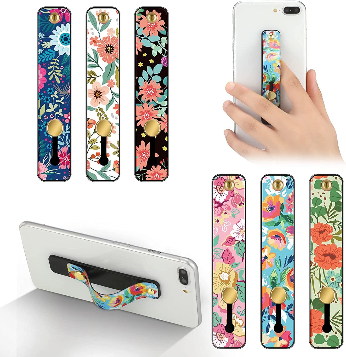 Weewooday 6 Pieces Phone Strap Grip Holder Finger Cell Phone Grip Telescopic Phone Finger Strap Stand Universal Finger Kickstand for Most Smartphones (Tie Dye Colors)  Weewooday Floral Color  