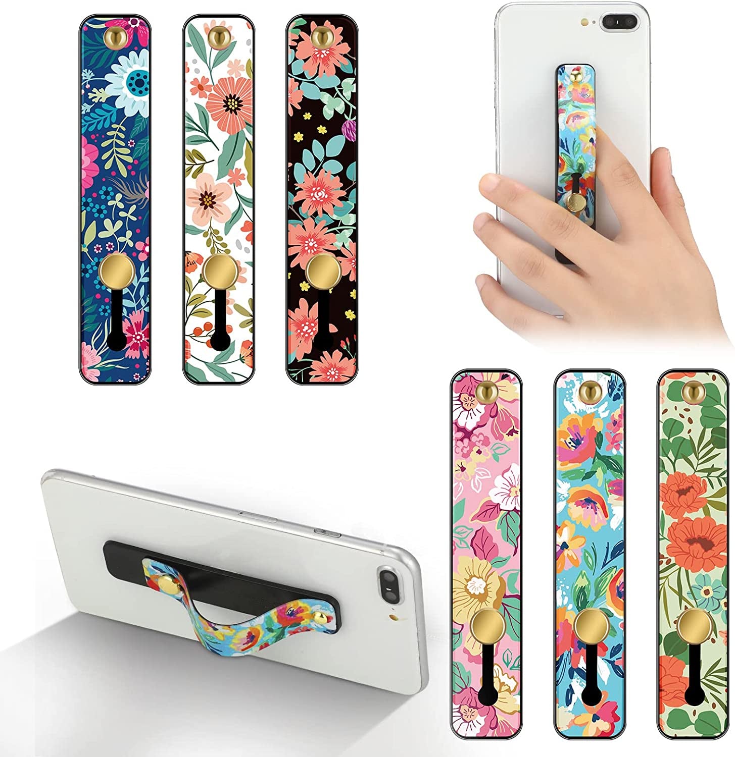 Weewooday 6 Pieces Phone Strap Grip Holder Finger Cell Phone Grip Telescopic Phone Finger Strap Stand Universal Finger Kickstand for Most Smartphones (Tie Dye Colors)  Weewooday Floral Color  