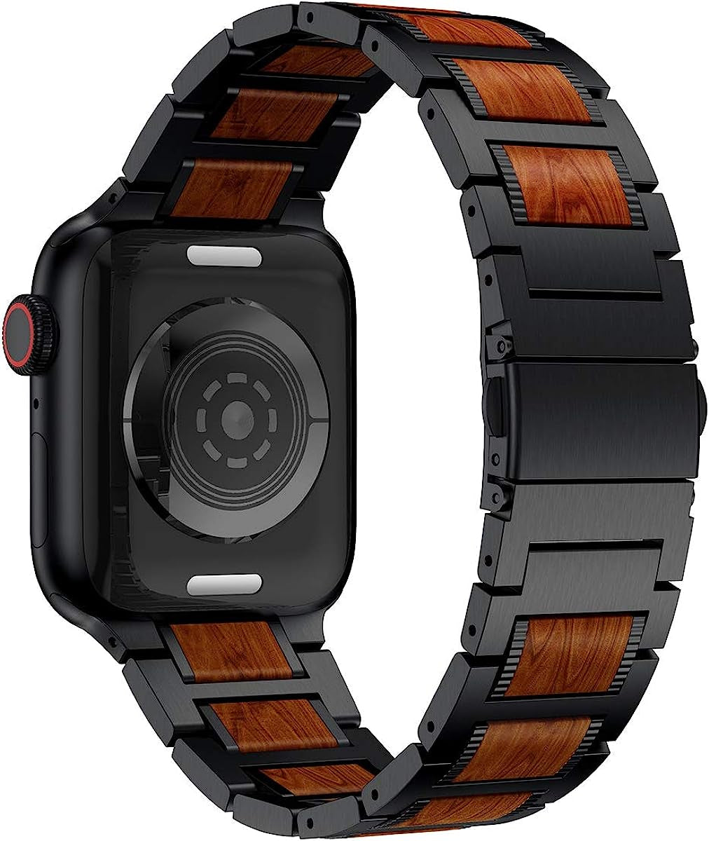LDFAS Compatible for Apple Watch Band 45Mm 44Mm 42Mm, Natural Wood Red Sandalwood Stainless Steel Metal Strap for Iwatch Bands Compatible for Apple Watch SE, Apple Watch Series 7/6/5/4/3  LDFAS   