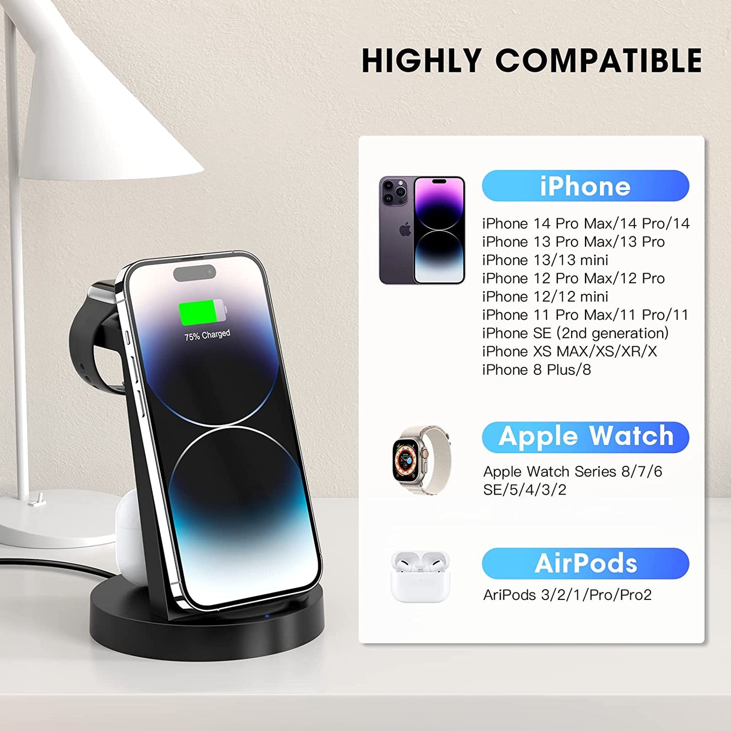 3 in 1 Charging Station for Iphone, Wireless Charger for Iphone 14 13 12 11 X Pro Max & Apple Watch - Charging Stand Dock for Airpods  Anlmz   