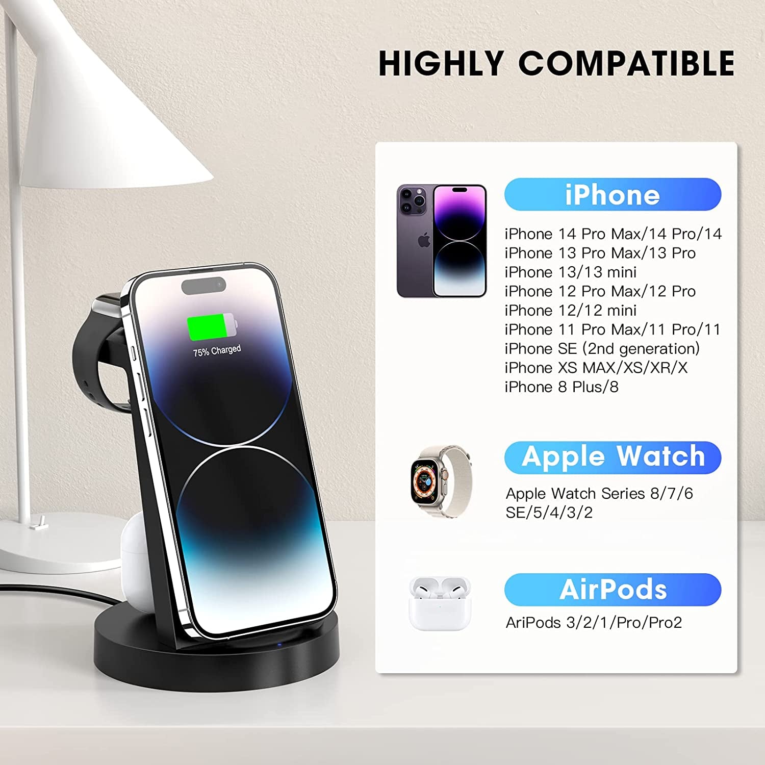 3 in 1 Charging Station for Iphone, Wireless Charger for Iphone 14 13 12 11 X Pro Max & Apple Watch - Charging Stand Dock for Airpods  Anlmz   
