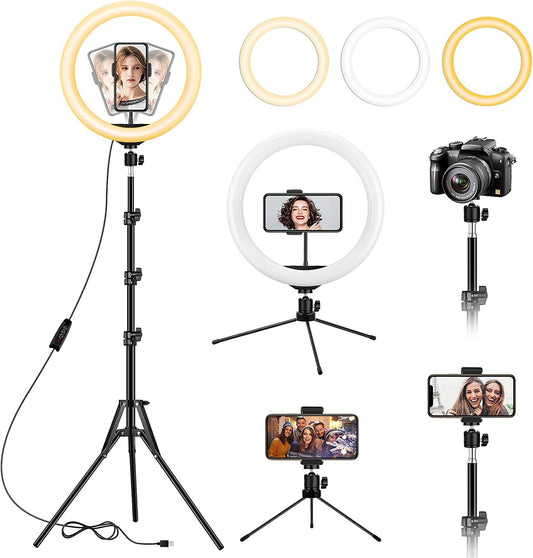 13 Inch Ring Light with Floor Tripod and Desk Stand(Ringlight Kit Totally 74" Tall), LED Circle Light with Phone Holder, for Photo Selfie, Video Recording, Zoom Meeting  LIPETY   