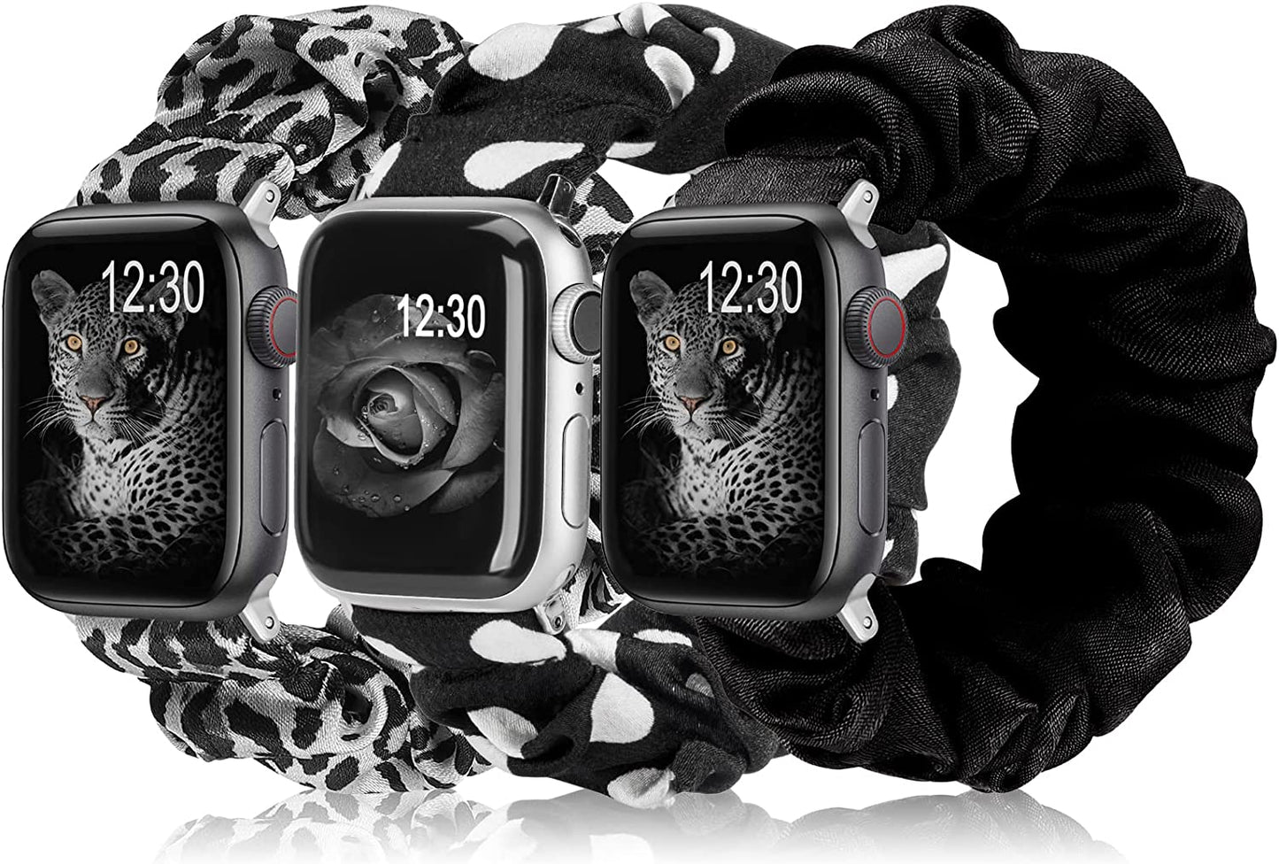 TOYOUTHS 3 Packs Compatible with Apple Watch Band Scrunchies 49Mm(Ultra)/45Mm/44Mm/42Mm Cloth Soft Pattern Printed Fabric Bracelet Women Iwatch Elastic Scrunchy Band Series SE 8 7 6 5 4 3 2 1 S/M  TOYOUTHS Dot/Black Leopard/Black 41/40/38mm M/L(6.0" - 6.9" Wrist) 