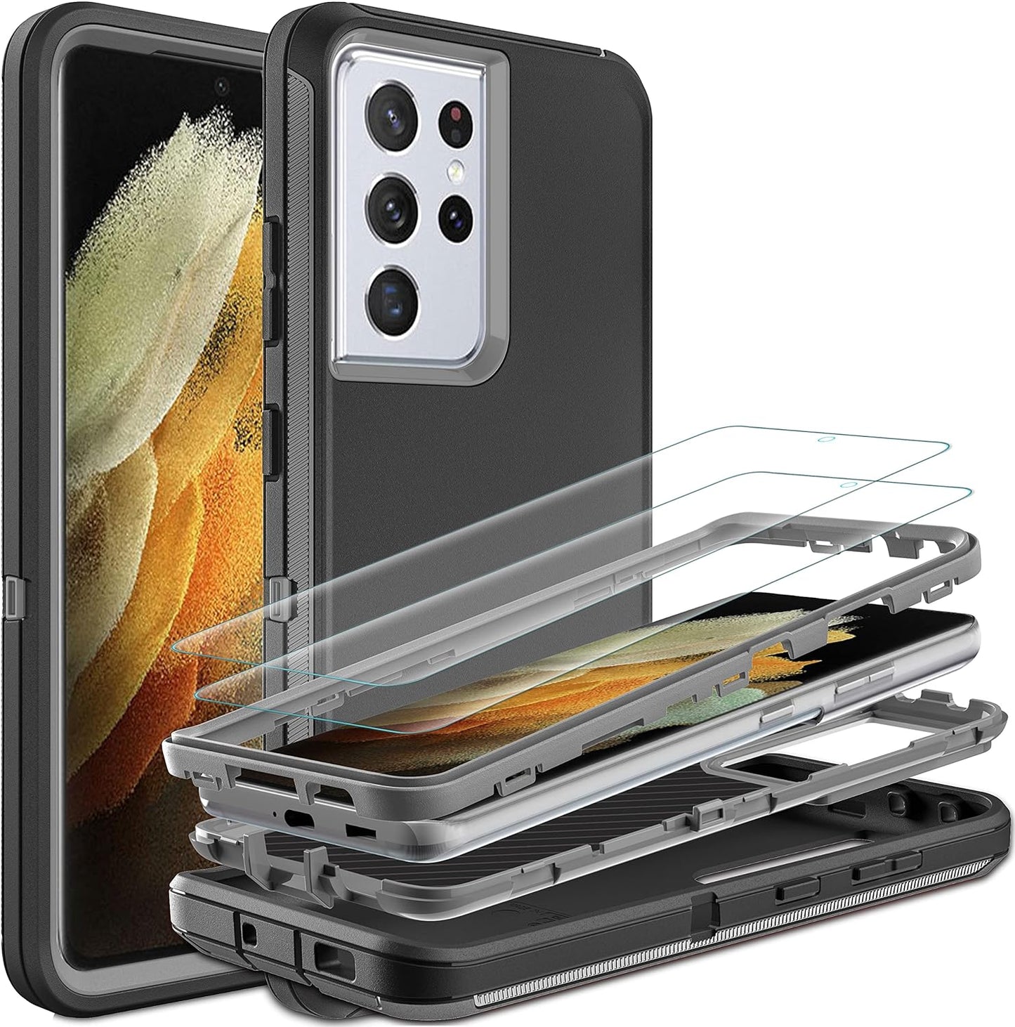 HONG-AMY for S21 Ultra Case, Samsung Galaxy S21 Ultra Case with Self Healing Flexible TPU Screen Protector[2 Pack], Military Grade Invisible Kickstand Phone Case for Galaxy S21 Ultra 5G-Green  HONG-AMY Black/Grey  