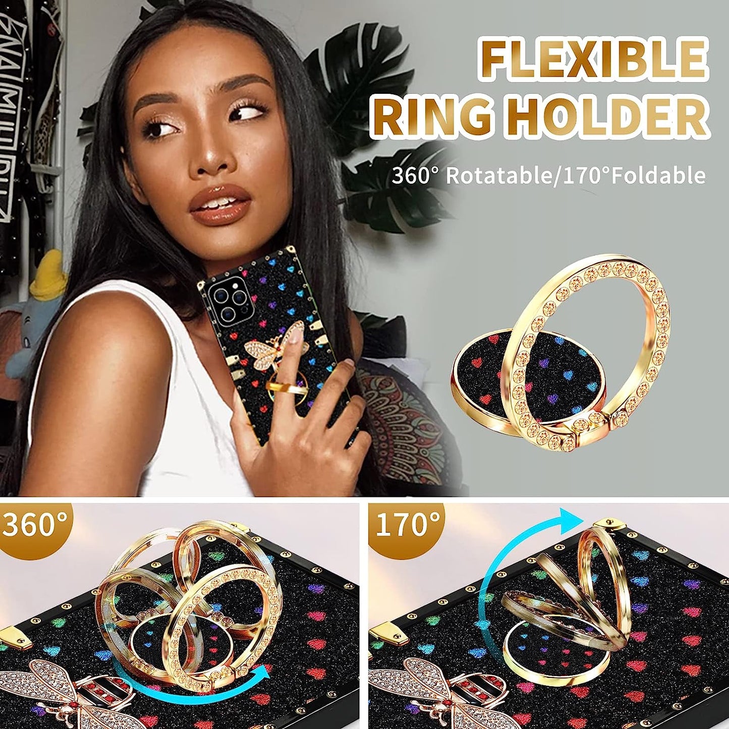 Loheckle for Square Iphone 14 Pro Max Case, Designer Retro Luxury Cases for Women with Ring Stand Holder and Lanyard, Stylish Bee Cute Cover for Iphone 14 Pro Max 6.7 Inch  Loheckle   