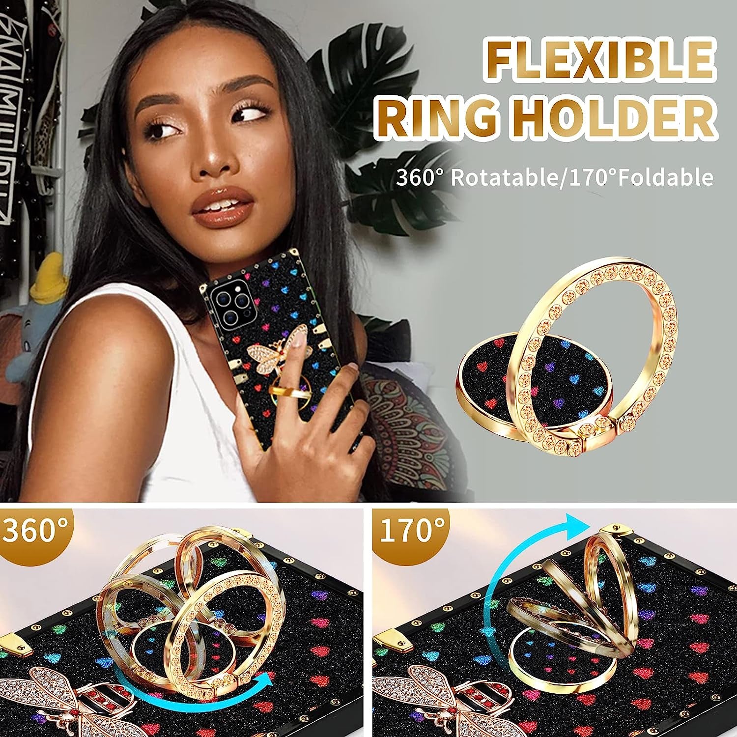 Loheckle for Square Iphone 14 Pro Max Case, Designer Retro Luxury Cases for Women with Ring Stand Holder and Lanyard, Stylish Bee Cute Cover for Iphone 14 Pro Max 6.7 Inch  Loheckle   