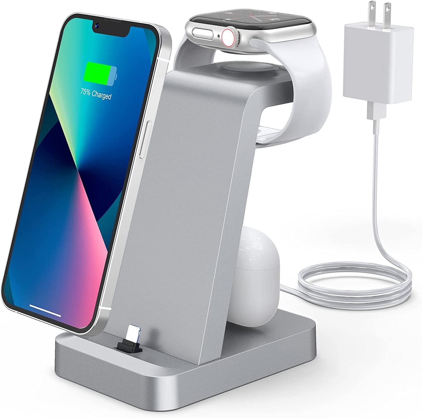 Charger Station for Iphone Multiple Devices - 3 in 1 Fast Wireless Charging Dock Stand for Apple Watch Series 7 6 SE 5 4 3 2 & Airpods Iphone 14 13 12 11 Pro X Max XS XR 8 7 plus 6S 6 with Adapter  Shenzhen GTL Technology Co., Ltd. Silver  