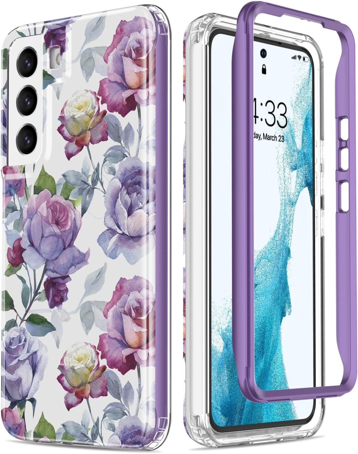 Esdot for Samsung Galaxy S22 Case,Military Grade Passing 21Ft Drop Test,Rugged Cover with Fashionable Designs for Women Girls,Protective Phone Case for Galaxy S22 6.1" Agate Stone  Esdot Purple Pink Flowers  