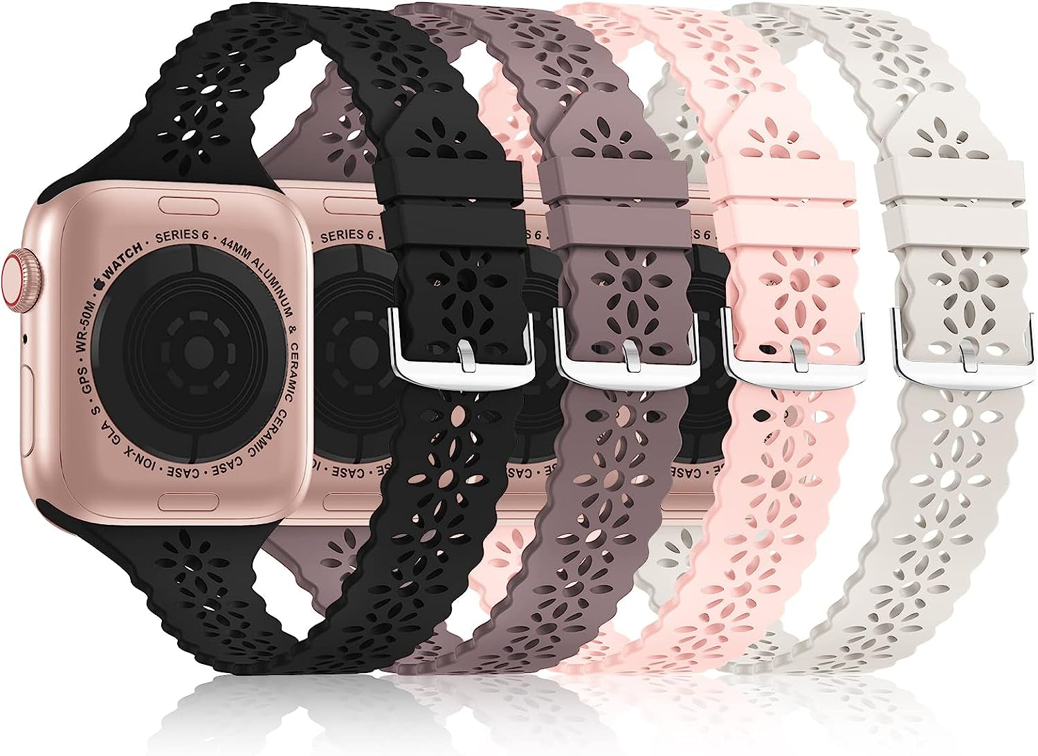 Bandiction 4 Pack Lace Silicone Bands Compatible with Apple Watch Band 38Mm 40Mm 41Mm 42Mm 44Mm 45Mm 49Mm, Women Slim Thin Hollow-Out Sport Wristband for Iwatch Series Ultra 8 SE 7 6 5 4 3 2 1  Bandiction Brown/Black/Pink Sand/Starlight 38mm/40mm/41mm 